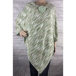 Currency Knit Poncho One Size Green Space Dye Crochet Flower V-Neck Long Length